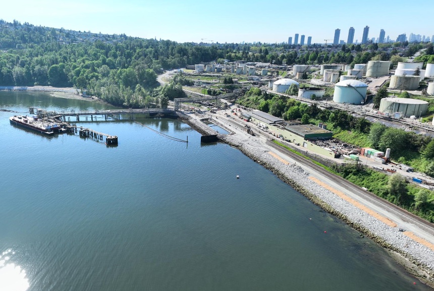 Cascadia terminal shoreline embankment along the water, fuel storage beyond