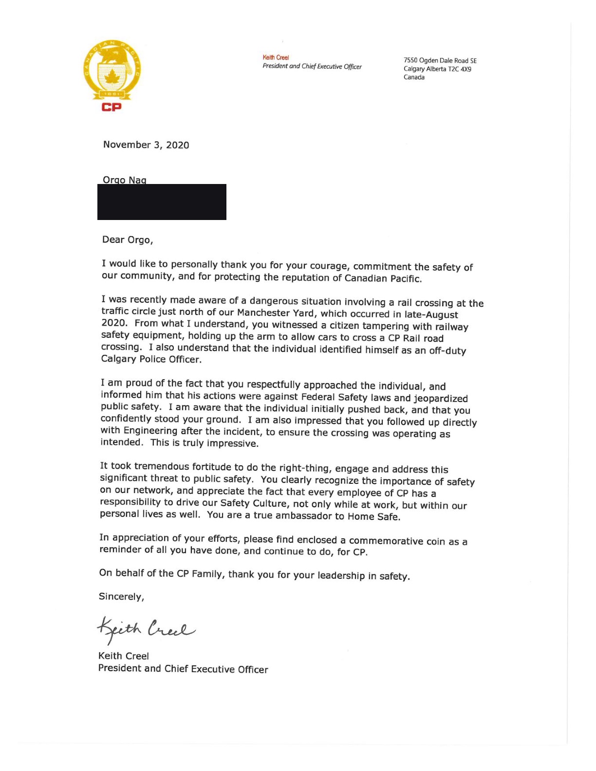 Signed letter from Keith Creel, President and CEO of Canadian Pacific, dated November 3, 2020, thanking Orgo Nag for addressing a public-safety threat at a rail crossing